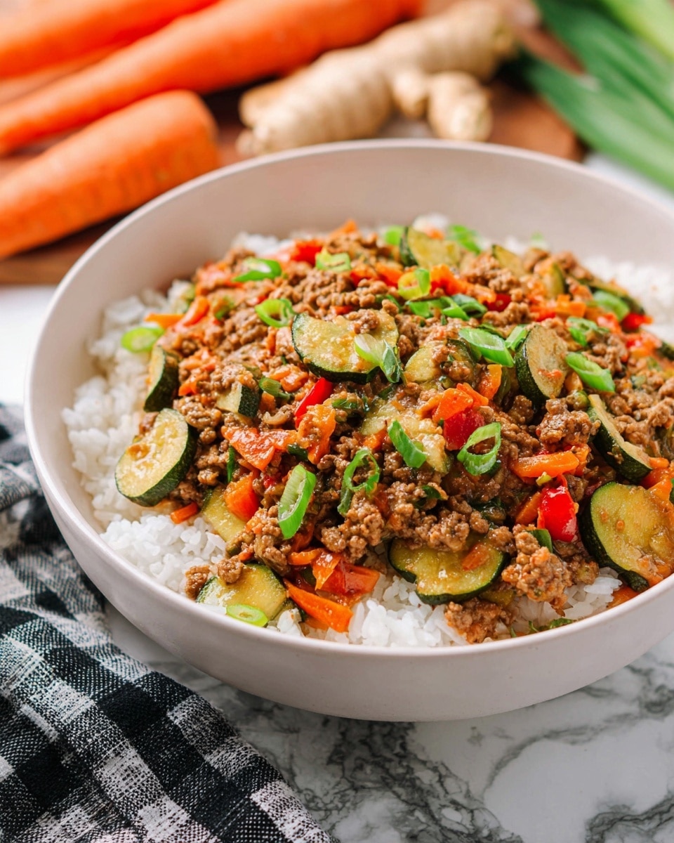 A white bowl filled with a base layer of white cooked rice topped with a colorful stir-fry mix of ground meat, chopped green zucchini slices, diced red bell peppers, and finely shredded orange carrots, garnished with green onion slices scattered on top. In the background, fresh carrots, ginger, and other vegetables are slightly blurred, resting on a white marbled surface. A black and white checkered cloth napkin is partially visible underneath the bowl. photo taken with an iphone --ar 4:5 --v 7