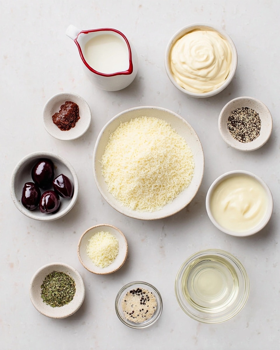 A white marbled surface holds nine small white bowls and dishes arranged in a loose circle. The central large bowl is filled with finely grated pale yellow parmesan cheese with a powdery texture. To its right, a medium white bowl is filled with creamy, smooth off-white mayonnaise. Above the cheese, a small white jug with a red rim contains white buttermilk. To the top left, a small bowl has two dark purple kalamata olives with a shiny surface. Below it, a tiny bowl holds a small scoop of light brown anchovy paste. Next to it, a small dish contains coarse black pepper with mixed dark and light specks. In the bottom left, a small bowl contains green dried tarragon flakes. Above that, a clear small dish shows finely minced garlic in pale yellow pieces. Finally, centered below the cheese, a transparent glass dish holds clear lemon juice. The image is clean and bright, with soft natural light. Photo taken with an iphone --ar 4:5 --v 7
