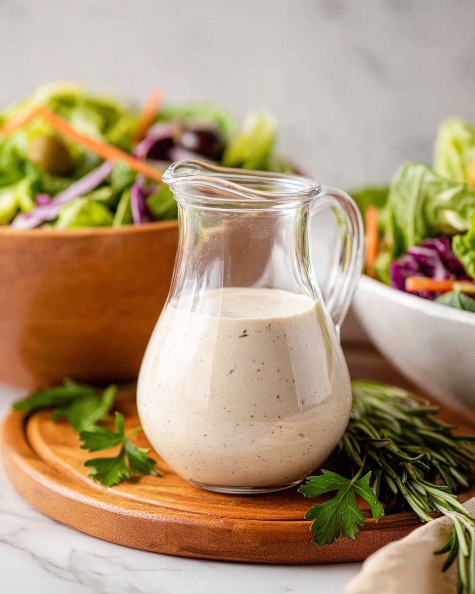 A clear glass bowl filled with one smooth layer of creamy, light beige sauce with tiny black specks. A woman's hand holds a white spoon above the bowl, dripping sauce back into it, showing the sauce’s thick and soft texture. The bowl sits on a wooden board, surrounded by green parsley leaves to the left and two dark olives at the bottom right, all set on a white marbled surface. In the blurred background, a lemon wedge and green salad can be seen, adding subtle hints of yellow and green colors. photo taken with an iphone --ar 4:5 --v 7