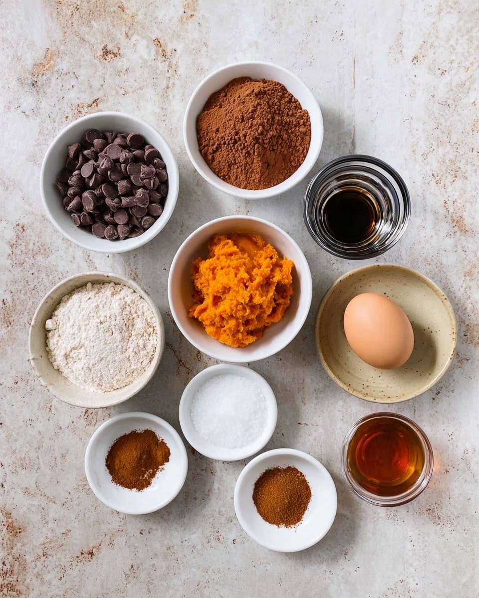 The image shows a group of small bowls and cups placed on a white marbled surface. Starting from the top left, there is a white bowl filled with dark brown chocolate chips, next to it a white bowl with light brown cocoa powder. To the right, there are two transparent glasses, one with a dark liquid and one with a creamy light brown liquid. Below them is a small bowl with bright orange pumpkin puree. Near the center right is a small round beige plate holding a light brown egg and a small clear cup with a dark amber liquid. In front, there are four small white bowls arranged in a line holding brown cinnamon powder, white granulated sugar, white baking soda or powder, and coarse white salt. The setup shows all ingredients neatly placed with clear textures and natural lighting. Photo taken with an iphone --ar 4:5 --v 7