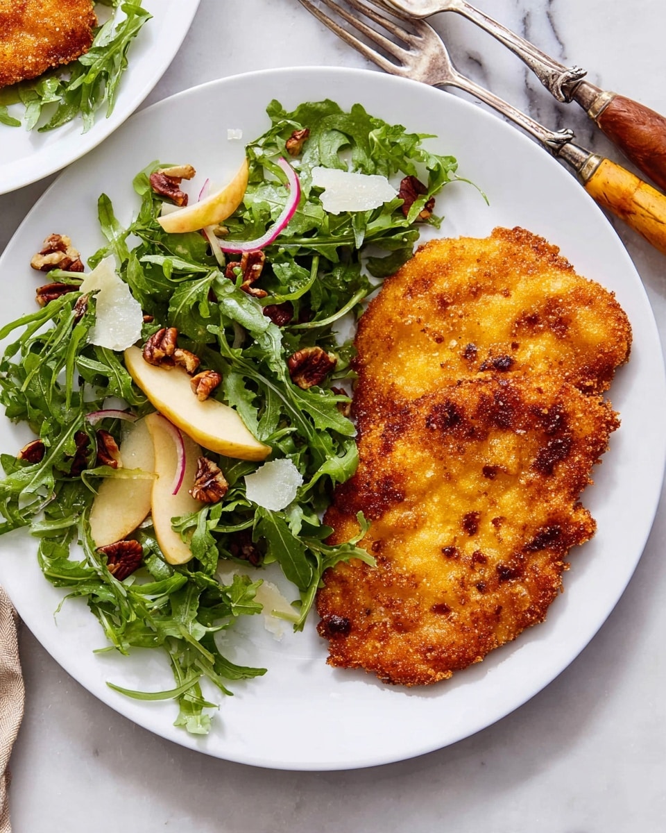 A white plate holds two golden brown crispy fried pieces on the right side, with a textured surface showing small darkened spots from frying. On the left side of the plate, there is a fresh green salad made of arugula leaves, thin red onion slices, light yellow apple slices, small dark pecan nuts, and thin white cheese shavings. The plate is set on a white marbled surface, with part of a salad fork with a wooden handle and another fork also visible nearby. photo taken with an iphone --ar 4:5 --v 7