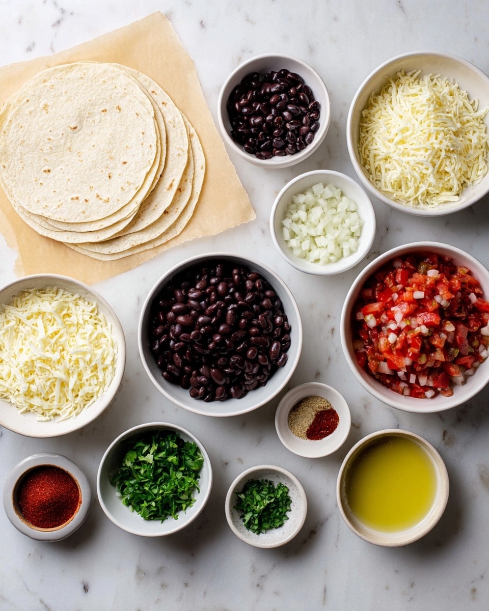 The image shows several small white bowls arranged on a white marbled surface, each filled with different chopped or measured ingredients. Starting from the top left, there is a stack of round, light-colored tortillas on parchment paper. Scattered around are bowls containing black beans, shredded white cheese, diced white onions, chopped red tomatoes, finely chopped green herbs, minced garlic, red and brown spices, olive oil, a light yellow liquid, and a small amount of red sauce. Each bowl varies slightly in size and shape but all are white, and the ingredients are vibrant and clearly visible, covering a range of colors from dark purple-black to bright red and green. Photo taken with an iphone --ar 4:5 --v 7