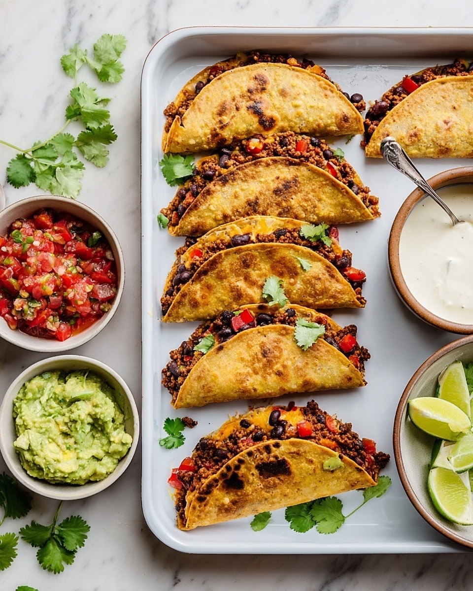 The image shows six folded tacos on a white baking tray. Each taco has a golden-brown crispy shell with a slightly blistered texture. Inside, the filling is visible spilling out – a mix of diced black beans, red bell peppers, and melted cheese, giving a mix of dark, red, and creamy yellow colors. Beside the tray, on a white marbled surface, there are four small bowls: one with bright red fresh salsa mixed with green peppers and onions, another with green guacamole, a third with fresh cilantro leaves, and the last with lime wedges. A white bowl with a creamy white sauce and a spoon is also on the side. The scene looks bright and fresh. photo taken with an iphone --ar 4:5 --v 7