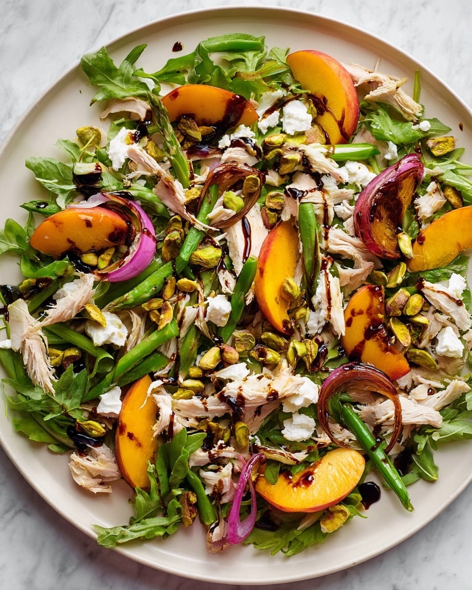 A white plate full of a colorful salad on a white marbled surface is shown. The base layer consists of fresh green arugula leaves. Scattered on top are slices of bright orange peaches, light green roasted asparagus pieces, and thin rings of purple-red onions. Shredded white cooked chicken is spread evenly across the salad. Small dollops of soft white cheese and whole green pistachios are placed on top. A dark balsamic glaze is drizzled over everything, adding contrast and shine. photo taken with an iphone --ar 4:5 --v 7