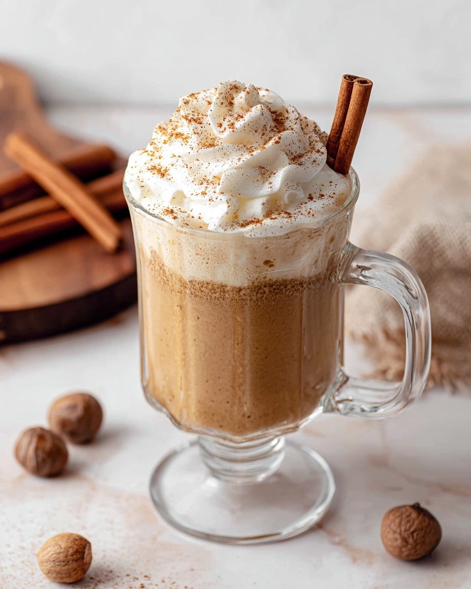 A clear glass mug holds a two-layered drink with a creamy light brown base and a thick white whipped cream topping swirled high above the rim, sprinkled with fine brown spice powder. A whole cinnamon stick leans against the whipped cream on the right side, adding a warm texture and deep brown color contrast. The setting includes a white marbled surface with cinnamon sticks and whole round nuts placed around. The background shows a wooden board with two additional cinnamon sticks resting on it. Photo taken with an iphone --ar 4:5 --v 7