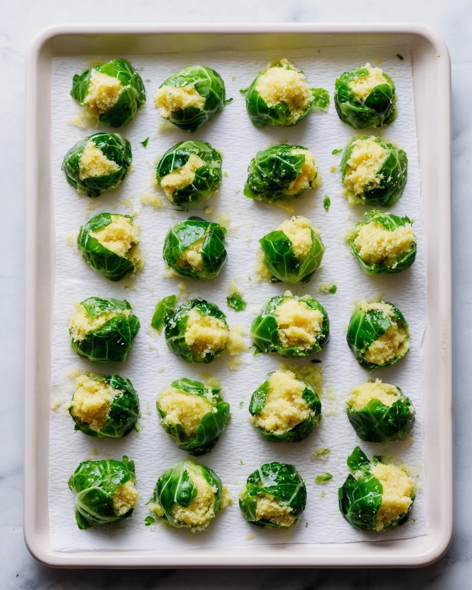 The image shows a white baking tray with a white paper liner, holding 24 small round snacks arranged neatly in 4 rows and 6 columns. Each snack has a green leafy outer layer that looks like little round leaves wrapped tightly around a yellowish filling that appears soft and crumbly. The texture of the leaves is fresh and slightly glossy while the filling inside is uneven and crumbly, visible in some snacks where the leaves are partly open. The white marbled surface is visible around the tray edges. photo taken with an iphone --ar 4:5 --v 7